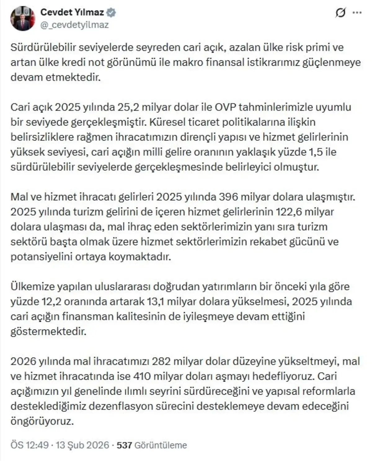 Cevdet Yılmaz: Cari açık, OVP ile uyumlu gerçekleşmiştir