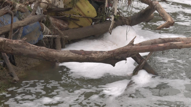 Heavy odors rise from the bubbling stream