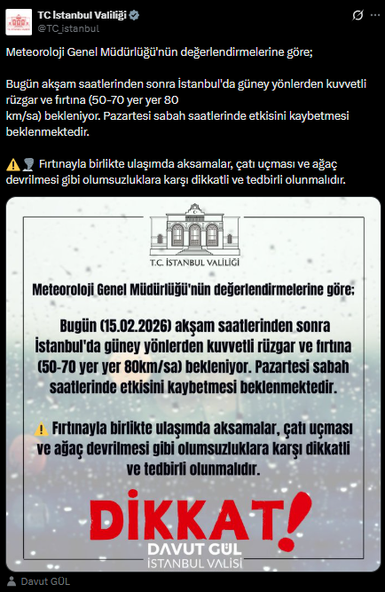 Warning of strong winds and storms from the Istanbul Governorship