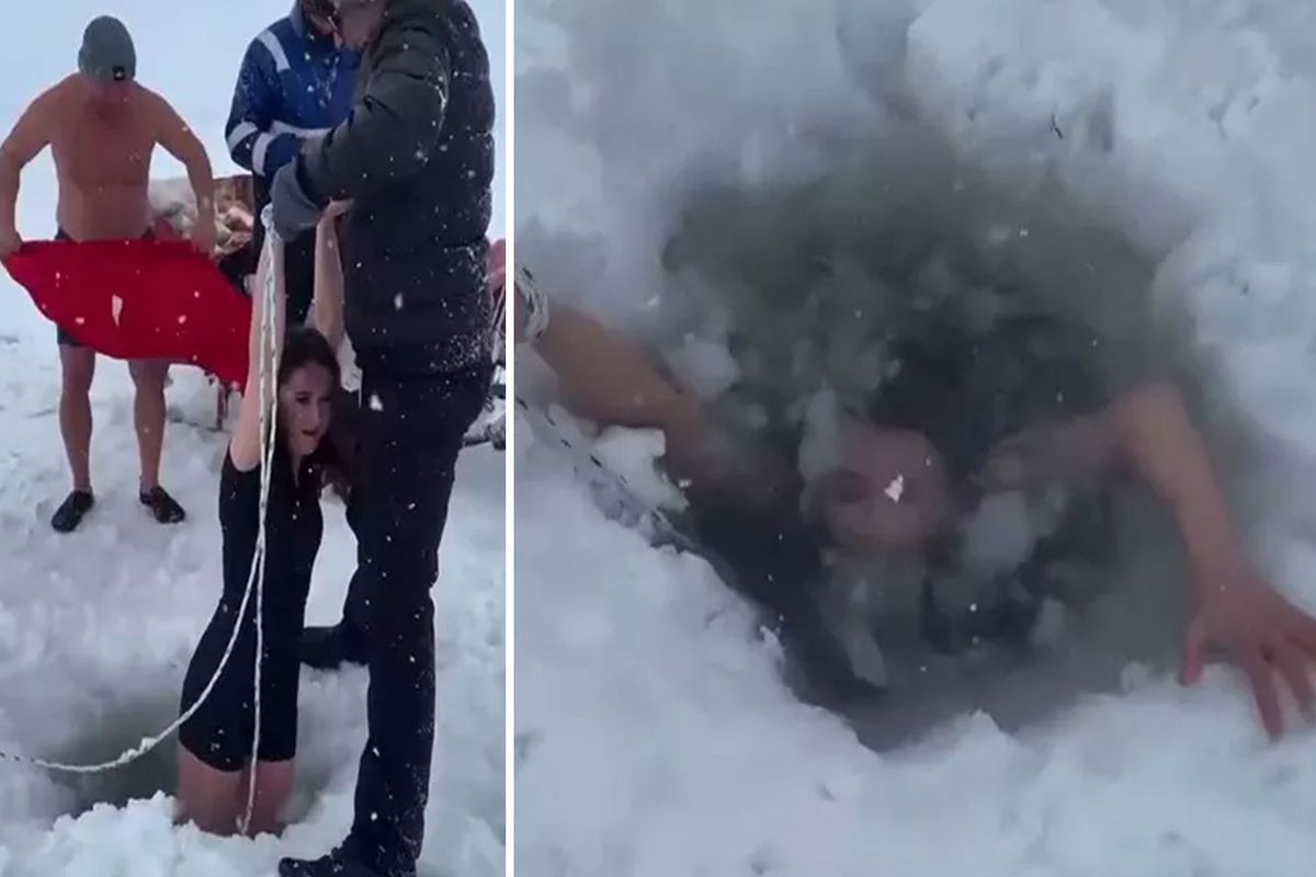 Kars'ta bir kadın Çıldır Gölü'nün buz gibi suyuna girdi