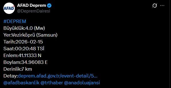 Earthquake with a magnitude of 4 in Samsun at midnight
