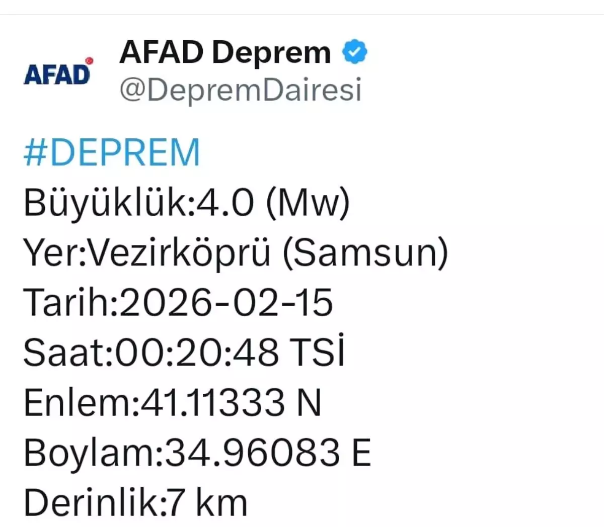 Samsun Vezirköprü'de gece yarısı korkutan deprem