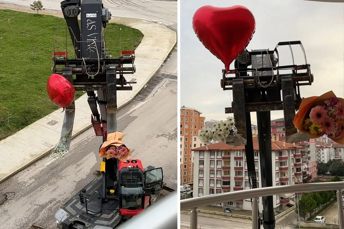 Sevgililer Günü'nü unuttu, iş makinesiyle balkona çıkarttığı güllerle gönül aldı