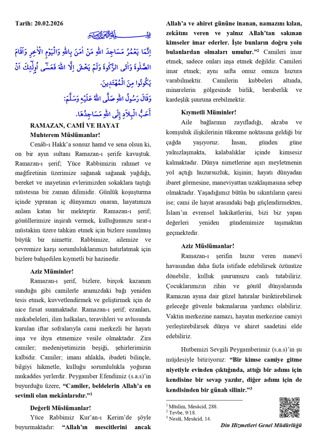 20 Şubat Cuma Hutbesi yayınlandı mı? 20 Şubat Cuma Hutbesi tam metni!