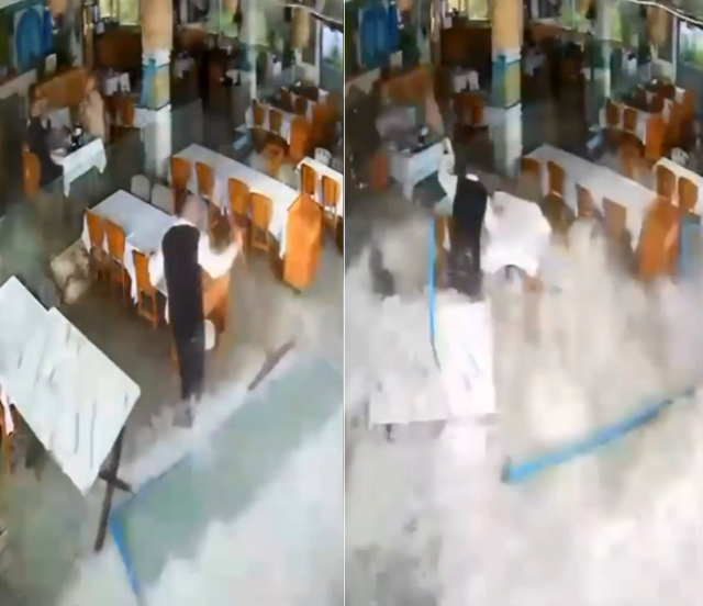 Giant waves swallowed the big restaurant like this