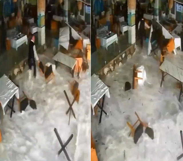 Giant waves swallowed the big restaurant like this