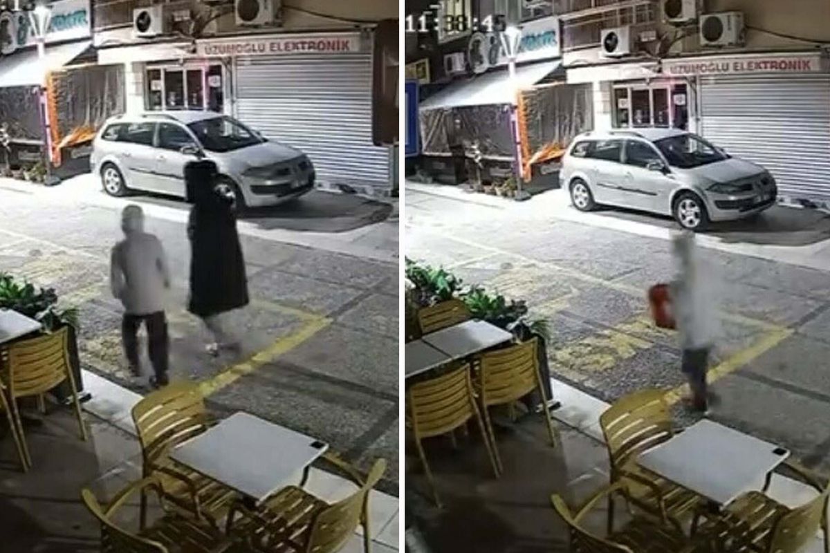 Yanındaki çocuğa dükkanın önündeki paspas ve kovayı çaldırdı; o anlar kamerada