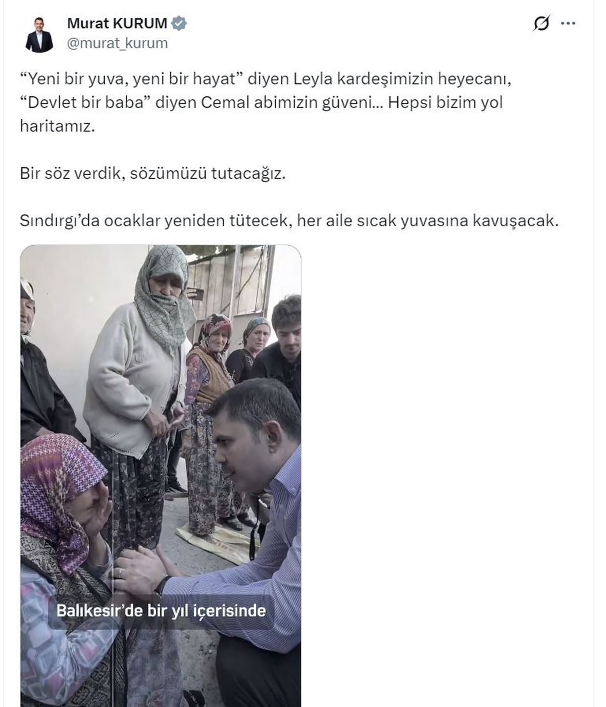 Bakan Kurum'dan 'Sındırgı Afet Konutları' paylaşımı