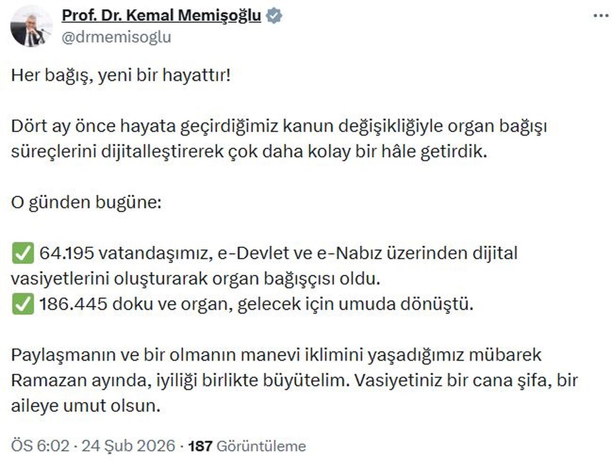 Bakan Memişoğlu: E-Devlet ve E-Nabız üzerinden 64 bin vatandaş organ bağışçısı oldu