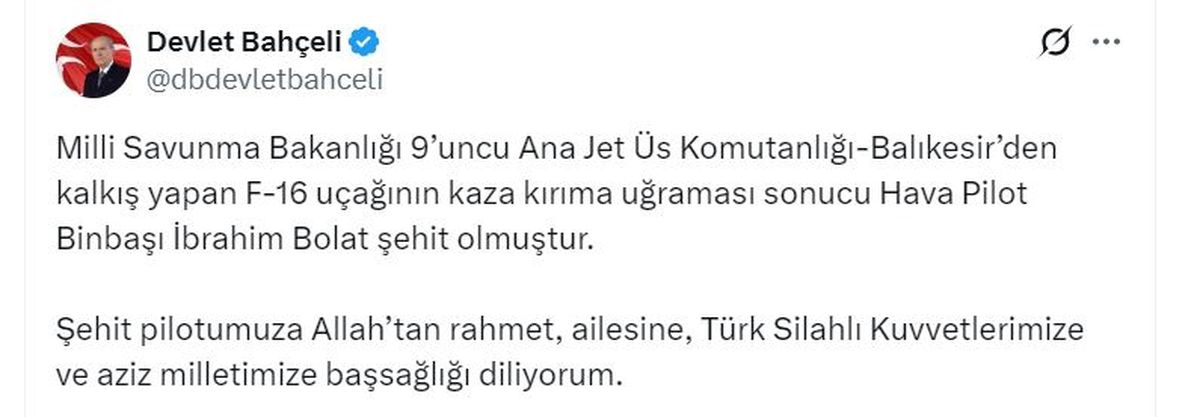 Devlet Bahçeli'den Şehit Pilot İbrahim Bolat İçin Taziye Mesajı
