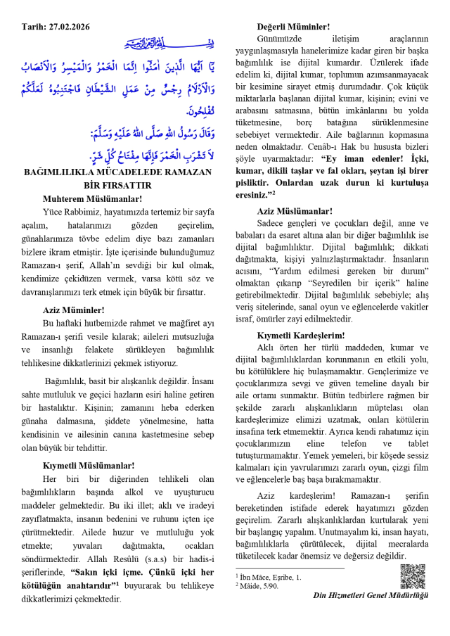 27 Şubat Cuma Hutbesi yayınlandı mı? 27 Şubat Cuma Hutbesi tam metni!