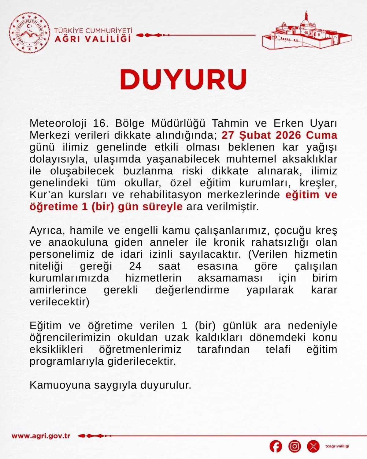 Ağrı'da eğitime kar engeli