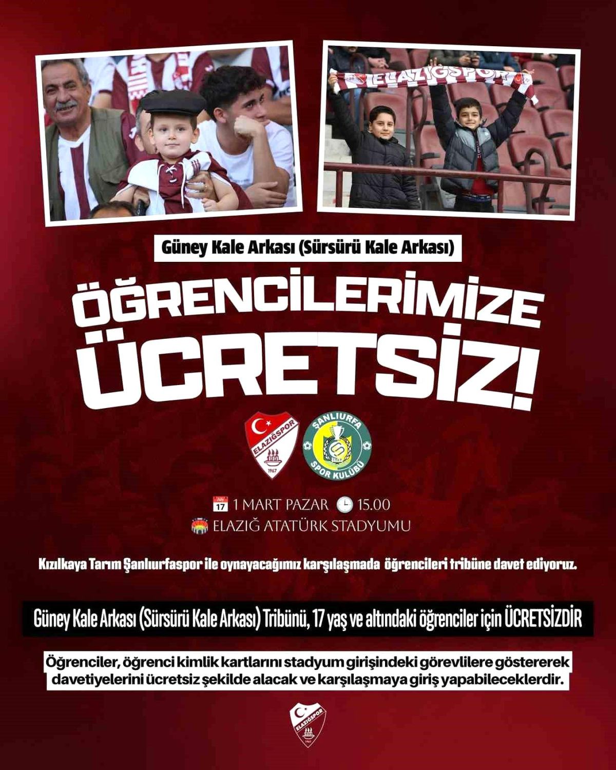 Elazığspor'dan 17 Yaş altı taraftarlara ücretsiz bilet