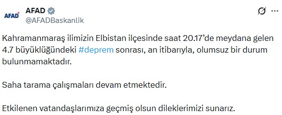 Earthquake of 4.7 magnitude in Kahramanmaraş