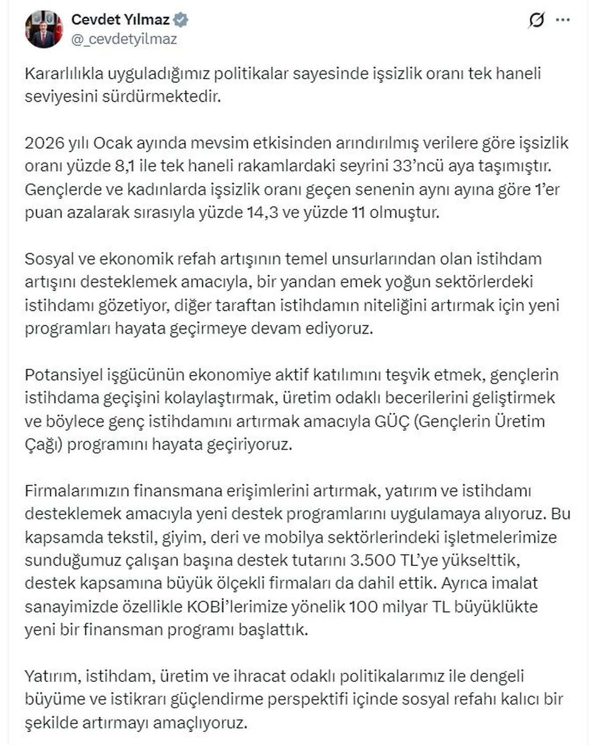 Cevdet Yılmaz: Yatırım, istihdam, üretim ve ihracat odaklı politikalarımız ile sosyal refahı artırmayı ama...