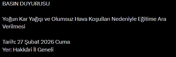 Hakkari okullar tatil mi, 27 Şubat Cuma Hakkari'de okul yok mu (HAKKARİ VALİLİĞİ - KAR TATİLİ)?