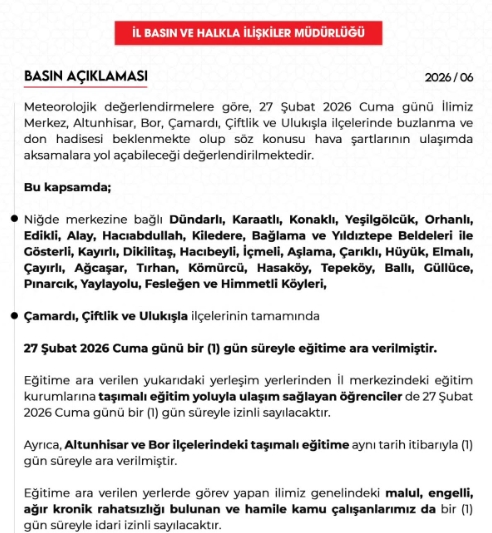 Niğde okullar tatil mi, Niğde'de okul yok mu (NİĞDE VALİLİĞİ - KAR TATİLİ)? Niğde okullar tatil mi, Niğde'de okul yok mu (NİĞDE VALİLİĞİ - KAR TATİLİ)?
