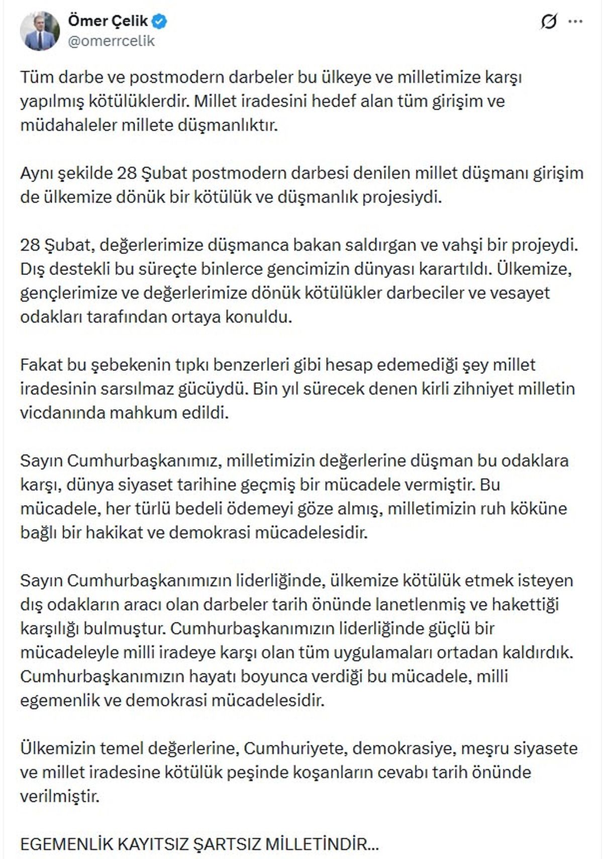 AK Parti'li Çelik: Milli iradeye karşı olan tüm uygulamaları ortadan kaldırdık