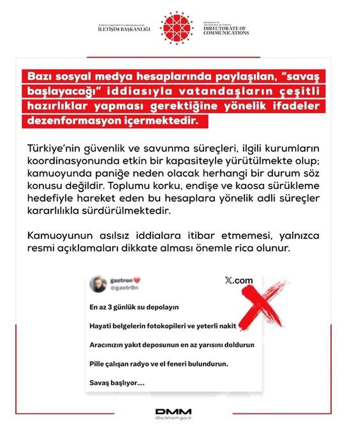 DMM: "Savaş başlayacağı iddiasıyla vatandaşların hazırlıklar yapması gerektiğine yönelik ifadeler dezenfor...