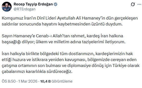 Message from President Erdoğan to Khamenei