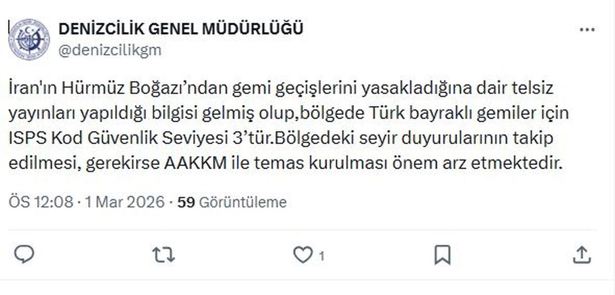 Denizcilik Genel Müdürlüğü'nden Türk gemilerine 'Hürmüz Boğazı' uyarısı