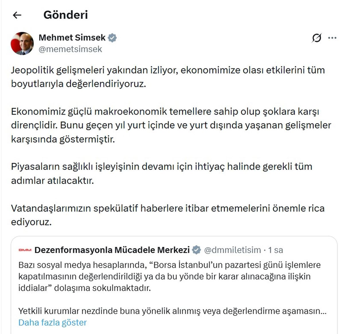 DMM'den 'Borsa İstanbul'un pazartesi günü işlemlere kapatılacağı' iddialarına yalanlama