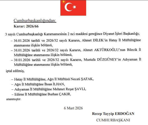 Müftüler Kararnamesi yayınlandı! 7 Mart Resmi Gazete Müftüler Kararnamesi ile Hatay, Ağrı, Adıyaman, Edirne müftüsü kim oldu?