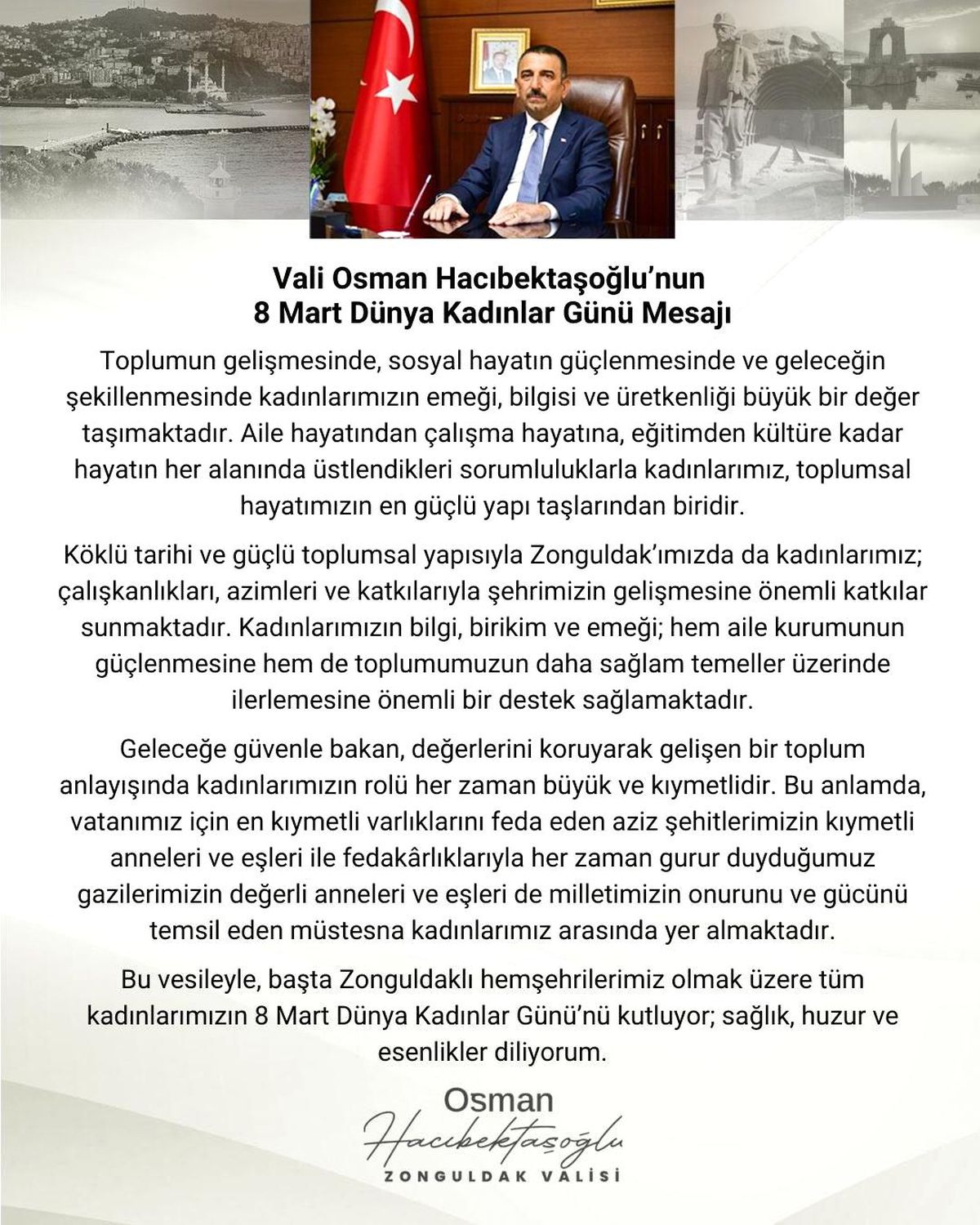 Vali Osman Hacıbektaşoğlu'ndan 8 Mart mesajı: "Kadınlarımız toplumsal hayatın en güçlü yapı taşlarıdır"