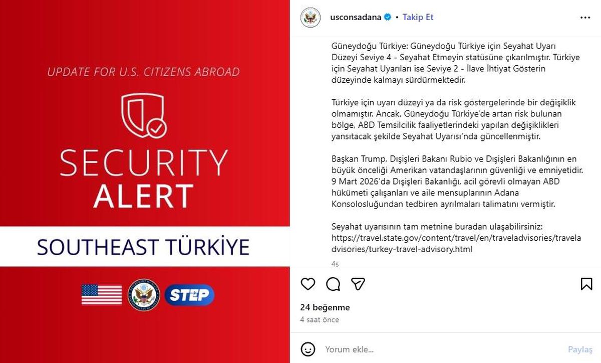 ABD, Adana Konsolosluğu'ndaki zorunlu olmayan personeli tahliye ediyor