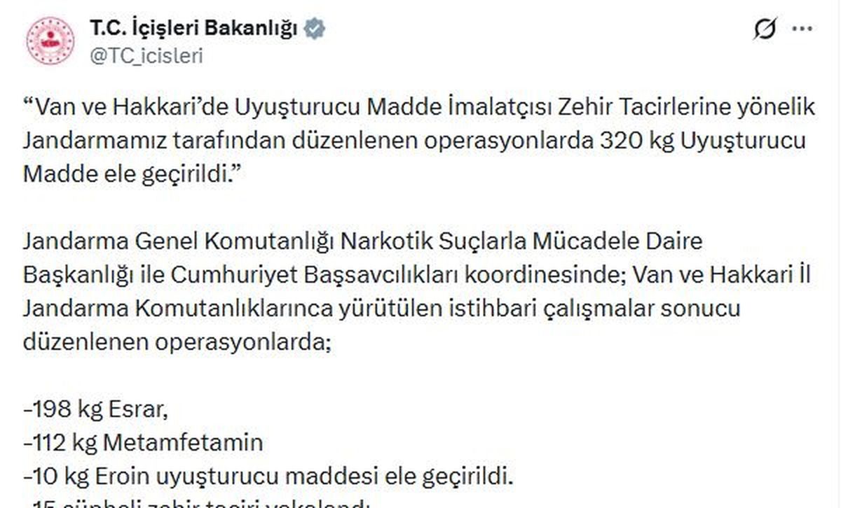 Van ve Hakkari'de 320 kilo uyuşturucu ele geçirildi, 15 şüpheli gözaltına alındı