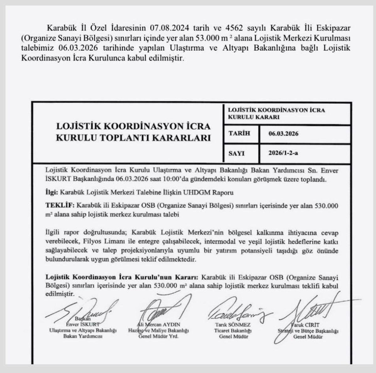 Karabük Lojistik Merkezi projesi onaylandı