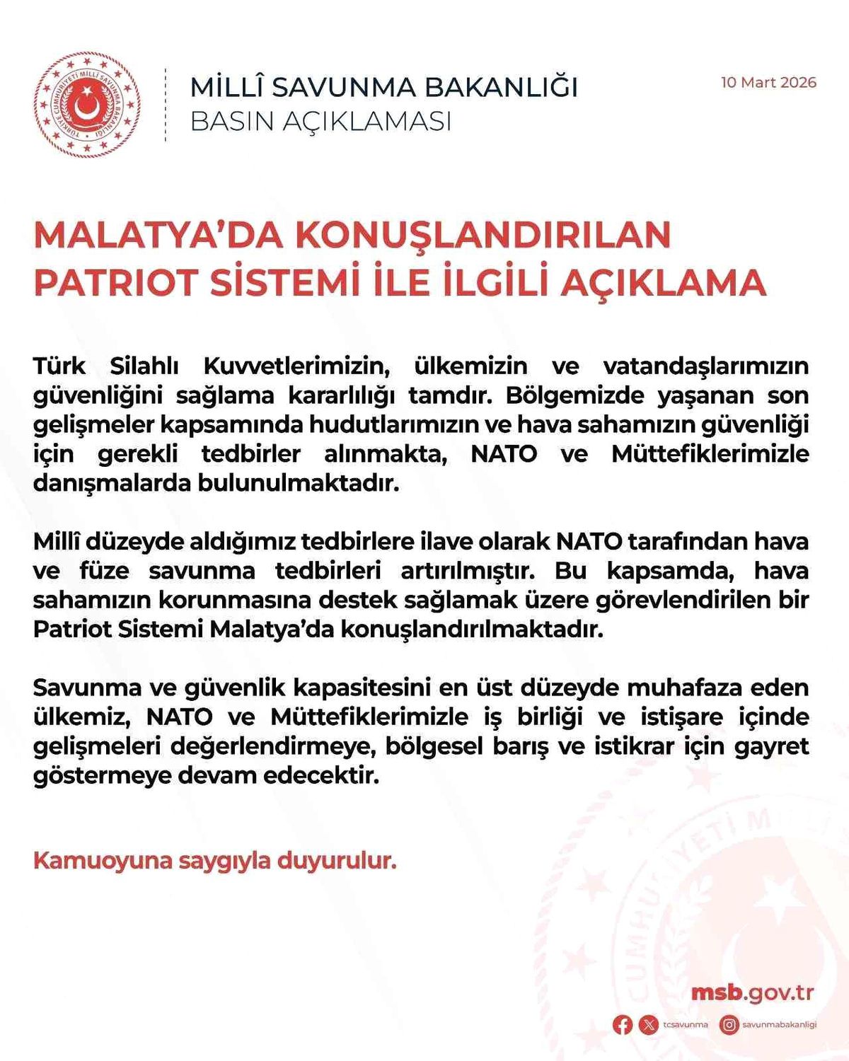 MSB: 'Milli düzeyde aldığımız tedbirlere ilave olarak NATO tarafından hava ve füze savunma tedbirleri artırılmıştır'