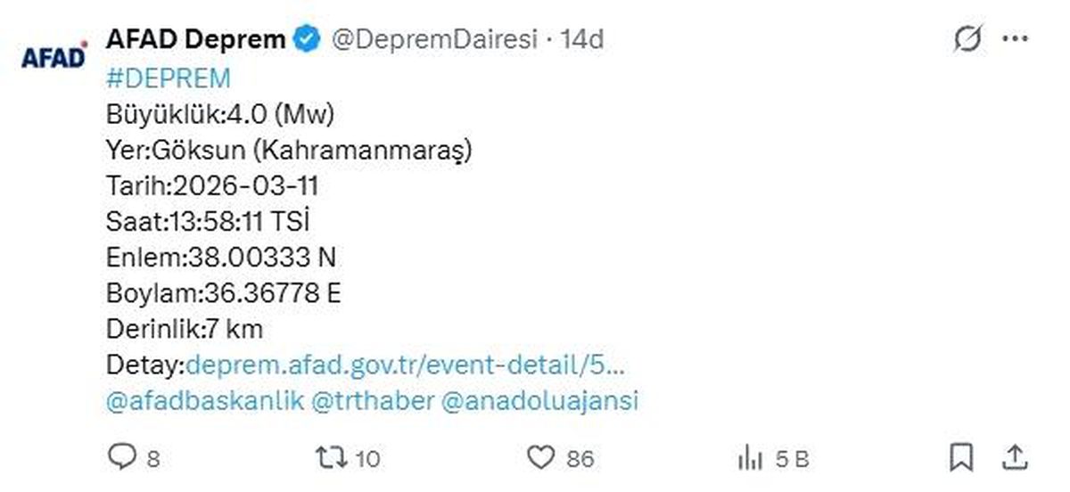 Kahramanmaraş'ta 4 büyüklüğünde deprem