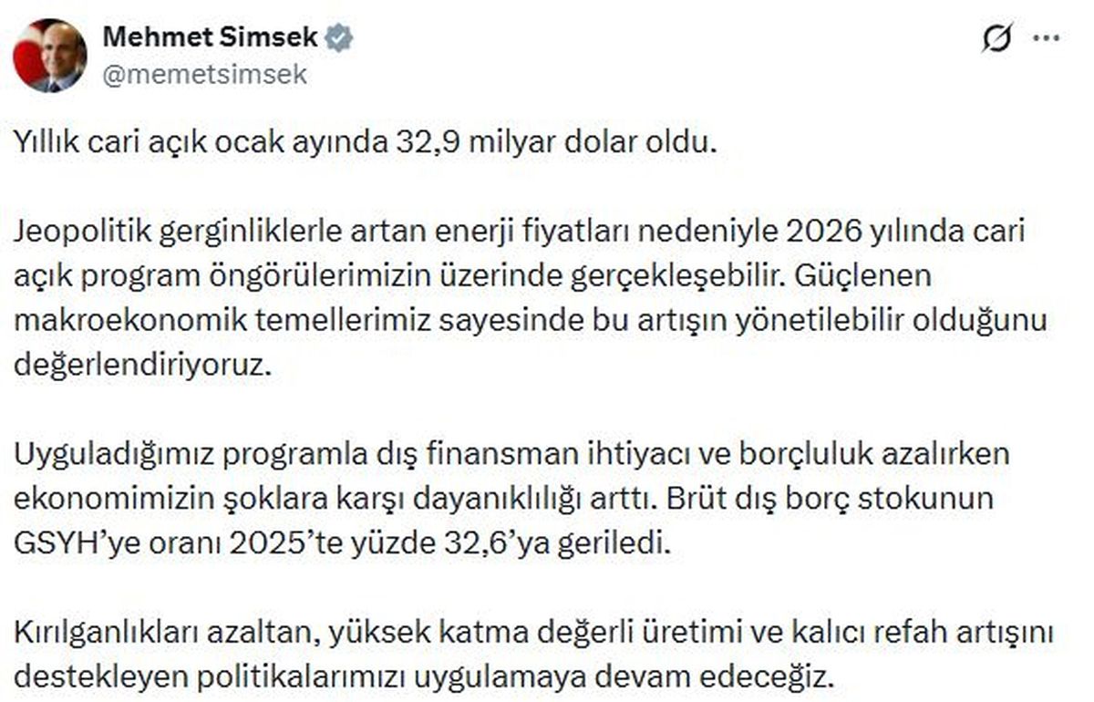 Bakan Şimşek'den 'cari açık' açıklaması