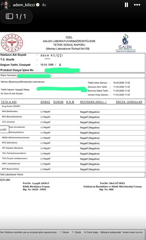 Adem Kılıçcı iddialara karşı kendi yaptırdığı test sonucunu paylaştı