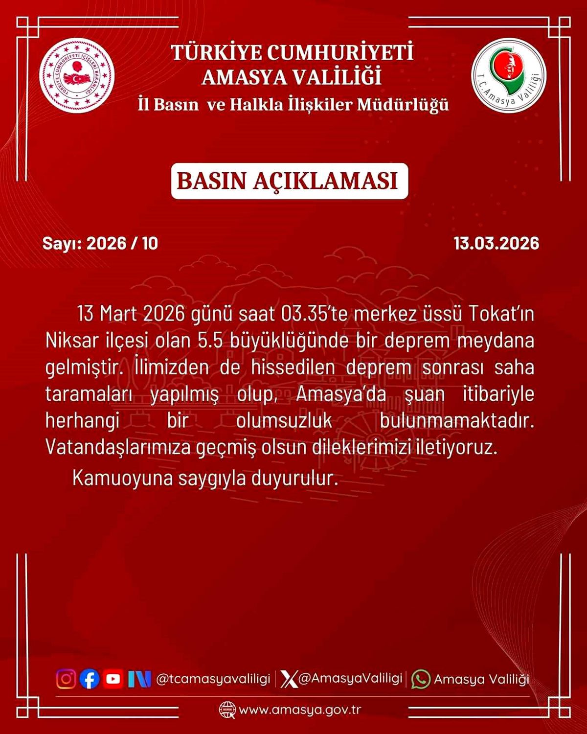 Amasya Valiliği: "İlimizden de hissedilen deprem sonrası olumsuzluk bulunmamakta"