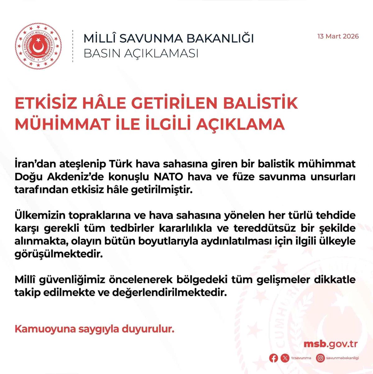 MSB: "Türk hava sahasına giren bir balistik mühimmat, Doğu Akdeniz'de konuşlu NATO hava ve füze savunma un...
