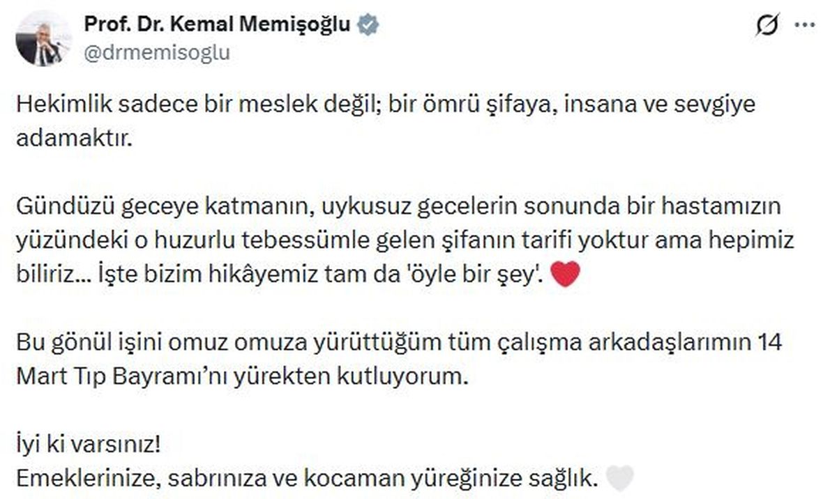 Sağlık Bakanı Memişoğlu, Sağlık Çalışanlarının Tıp Bayramını Kutladı