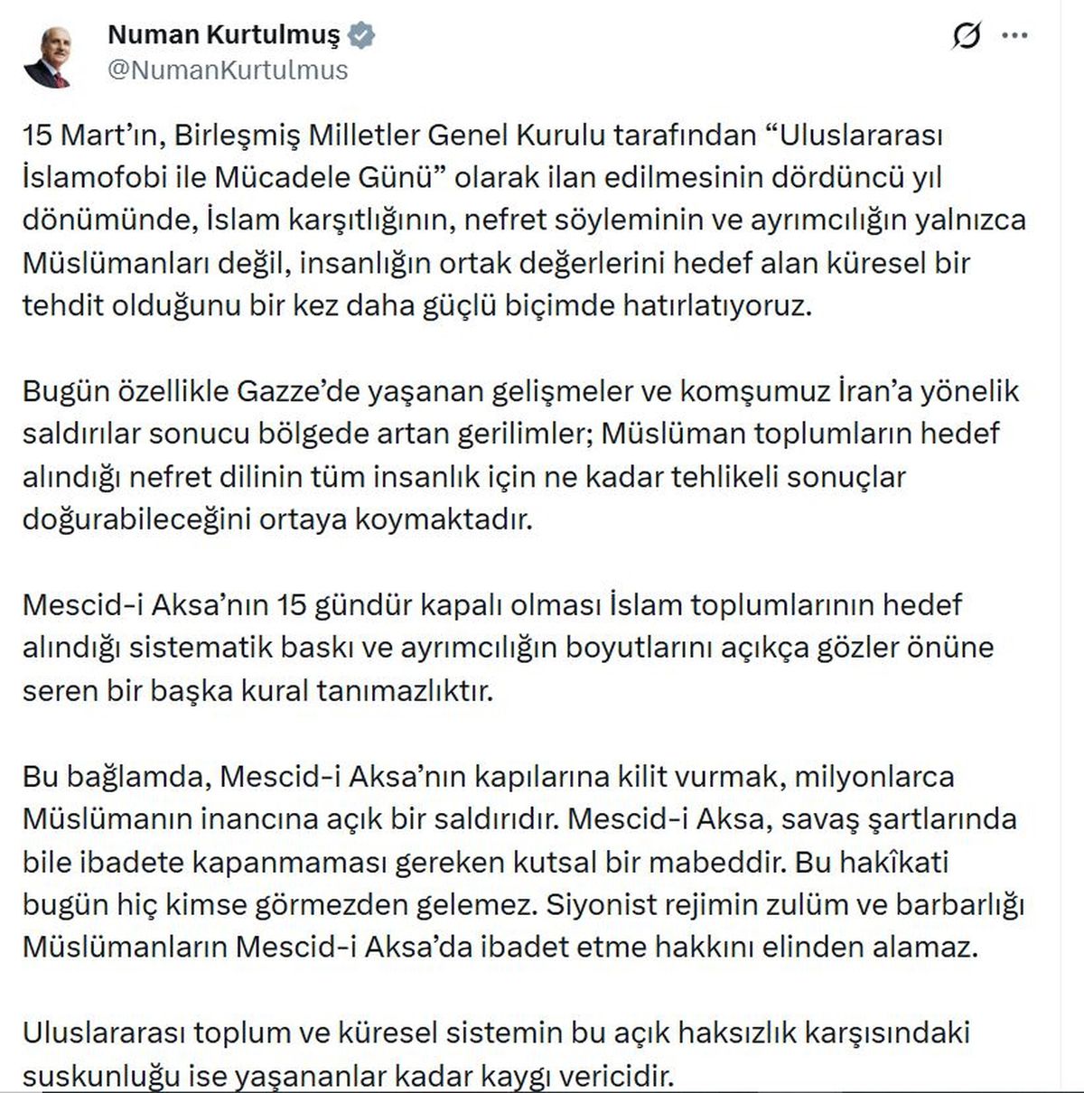 TBMM Başkanı Kurtulmuş: 'Mescid-i Aksa'nın kapılarına kilit vurmak, milyonlarca Müslümanın inancına açık b...