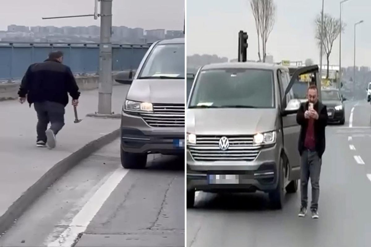 Motokuryenin üzerine çekiçle yürüyen minibüs şoförü kaydedildiğini görünce çark etti