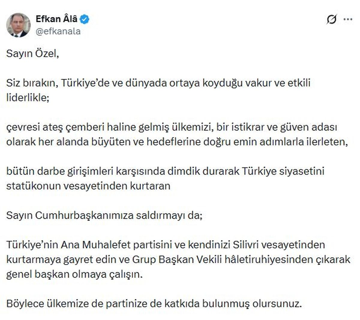 AK Parti'li Ala: Sayın Özel, kendinizi Silivri vesayetinden kurtarmaya gayret edin