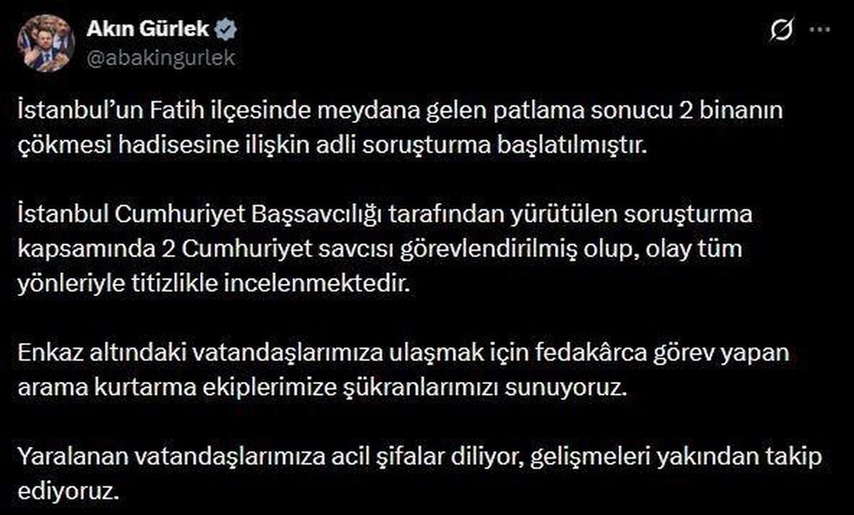Bakan Gürlek: '2 binanın çökmesi hadisesine ilişkin adli soruşturma başlatılmıştır'