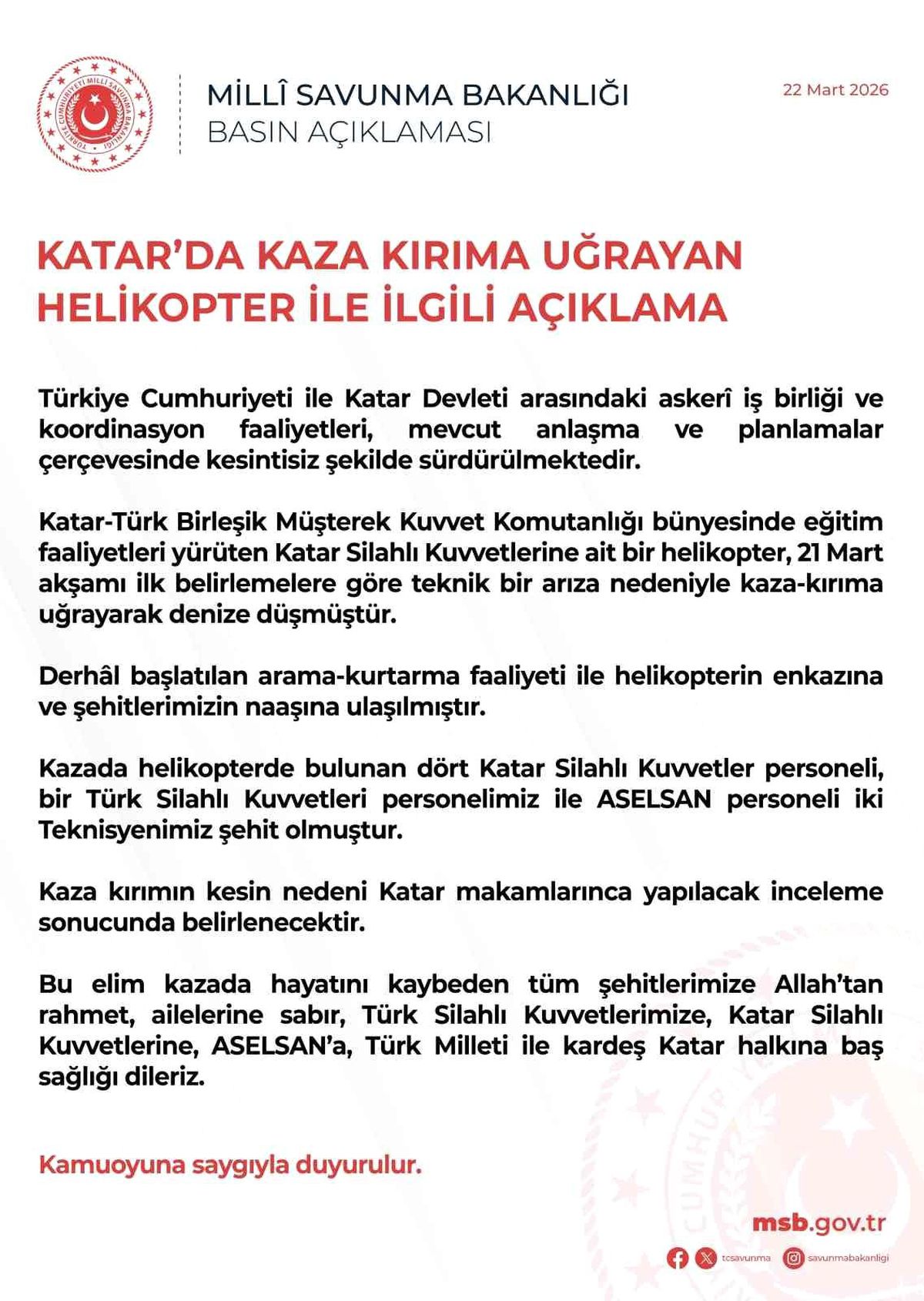 Katar'da askeri helikopter kazası: 3 Türk personel şehit