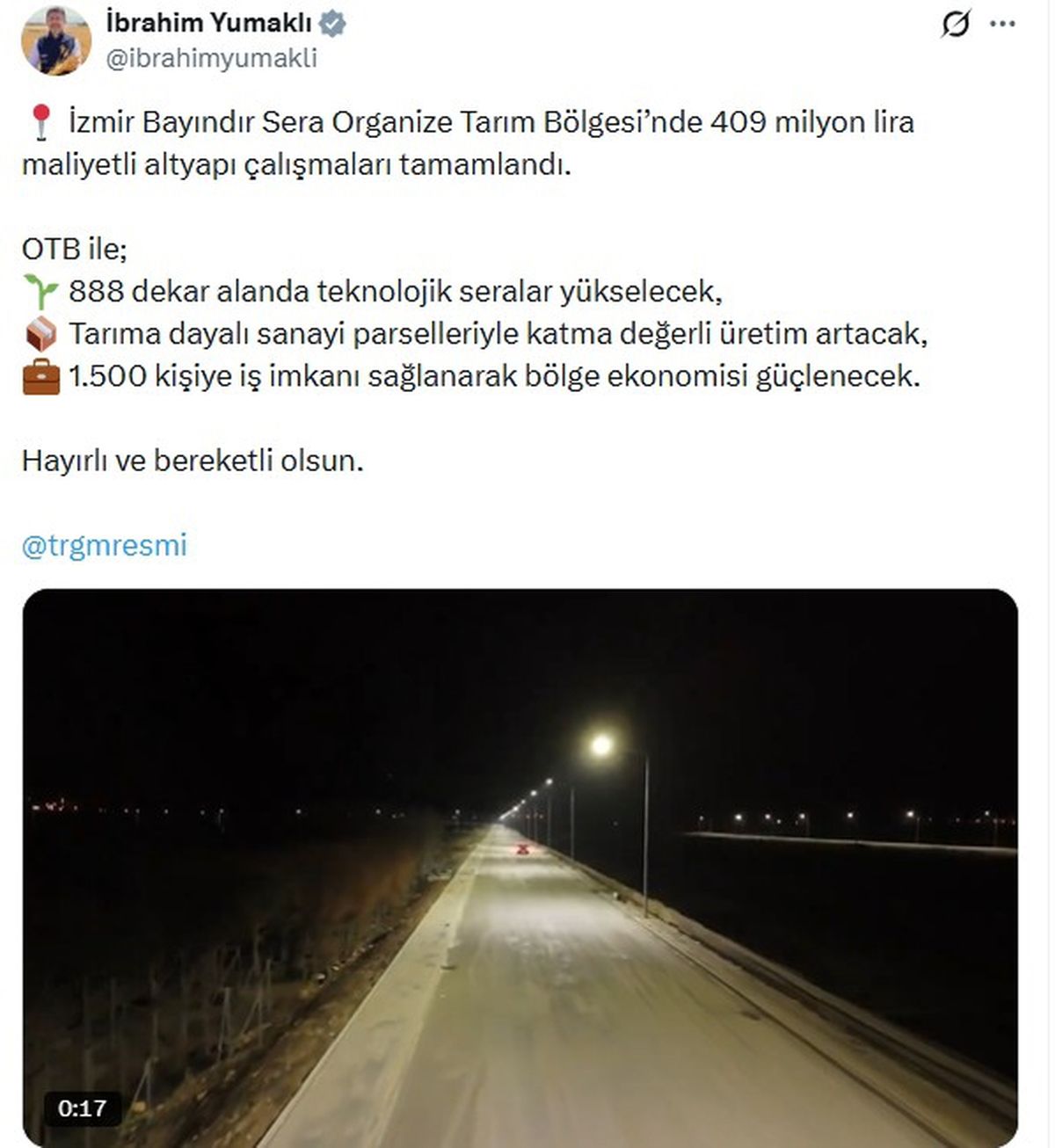 Bakan Yumaklı: İzmir Bayındır Sera OTB'de altyapı çalışmaları tamamlandı