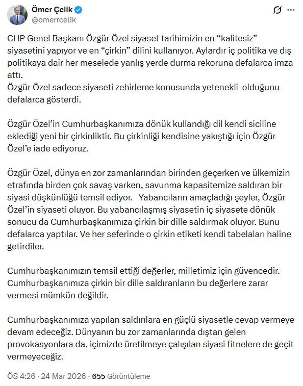 AK Parti'li Çelik: Yabancıların amaçladığı şeyler, Özgür Özel'in siyaseti oluyor