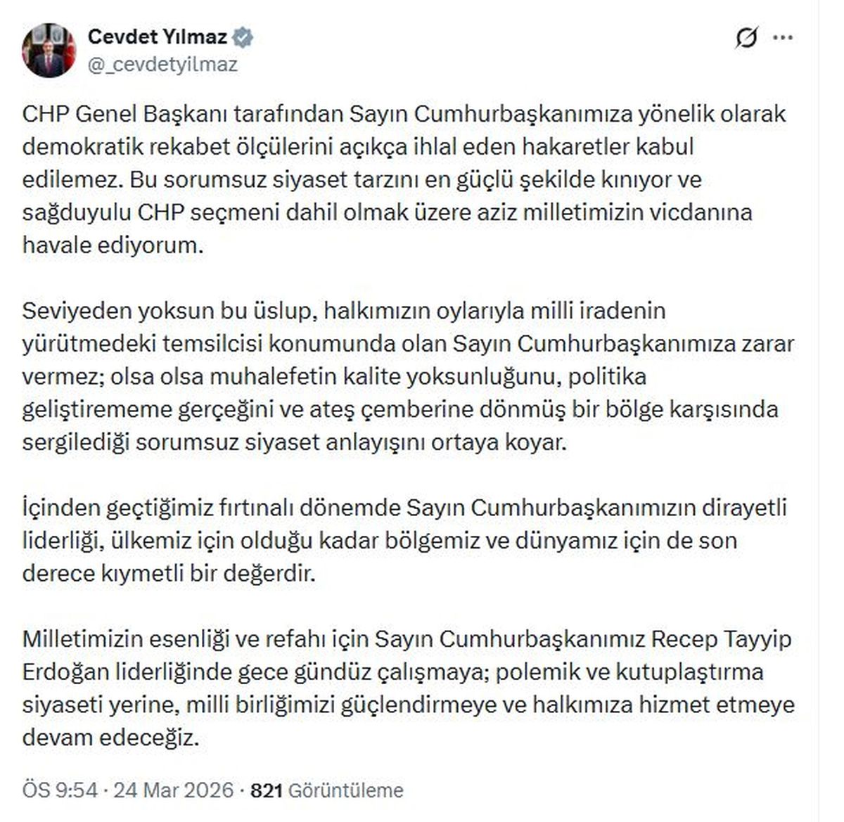 Cevdet Yılmaz'dan, Özgür Özel'e tepki: Rekabet ölçülerini açıkça ihlal eden hakaretler kabul edilemez