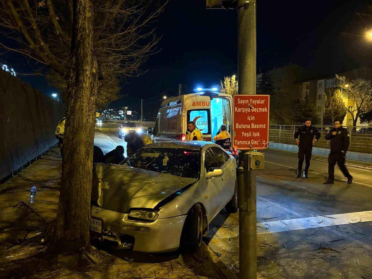Kaldırıma çıkan otomobil ağaca çarptı: 2 yaralı