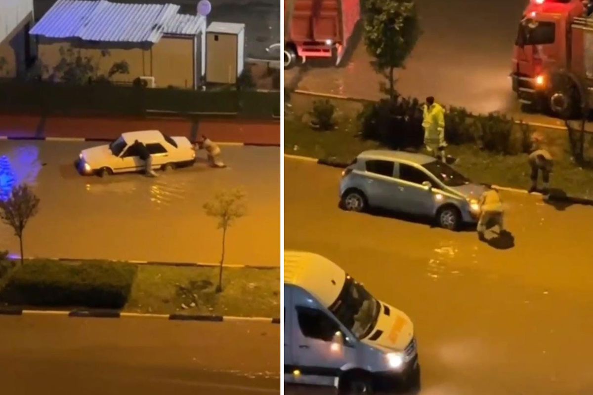 Hatay'da aşırı yağışların etkisiyle, göle dönen yollarda araçlar mahsur kaldı