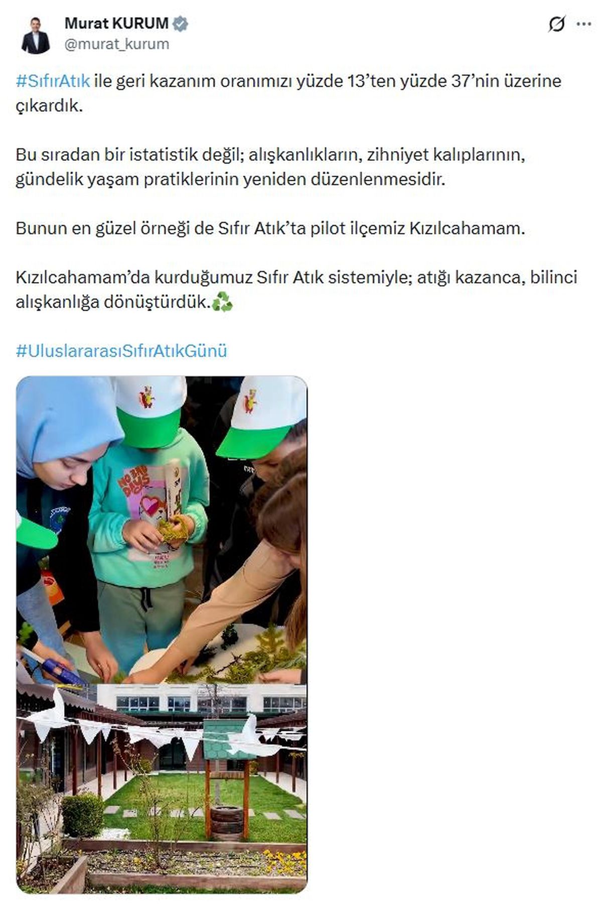 Bakan Kurum: 'Sıfır Atık' ile geri kazanım oranımızı yüzde 13'ten yüzde 37'nin üzerine çıkardık