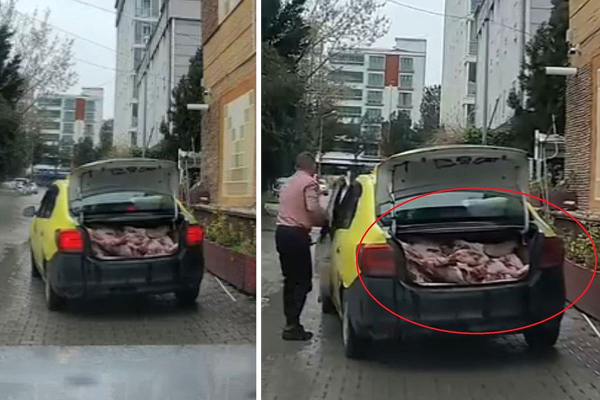 Taksinin bagajında uygunsuz şartlarda et sevkiyatı kameraya yansıdı